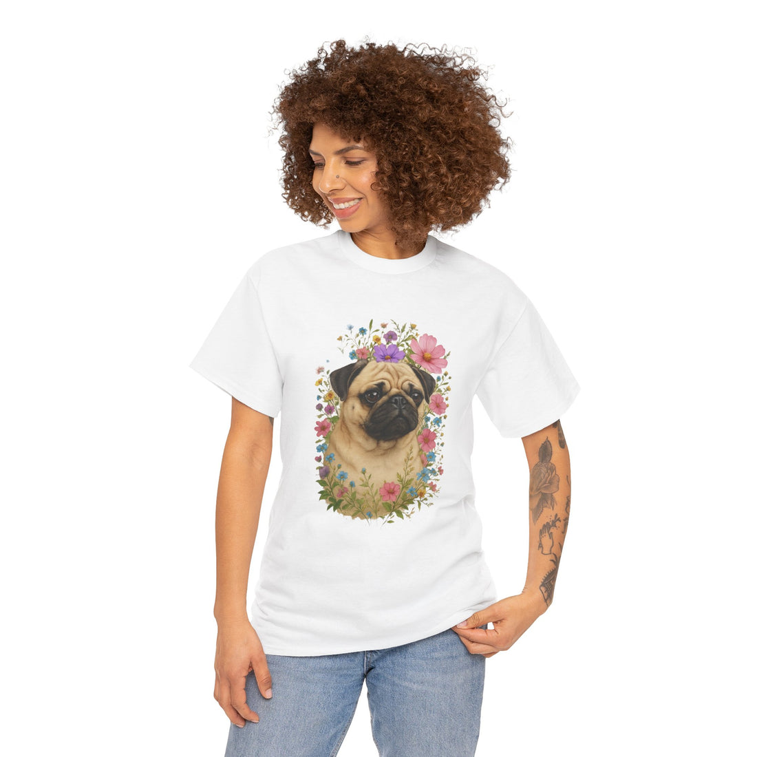 Whimsical Pug Floral Tee