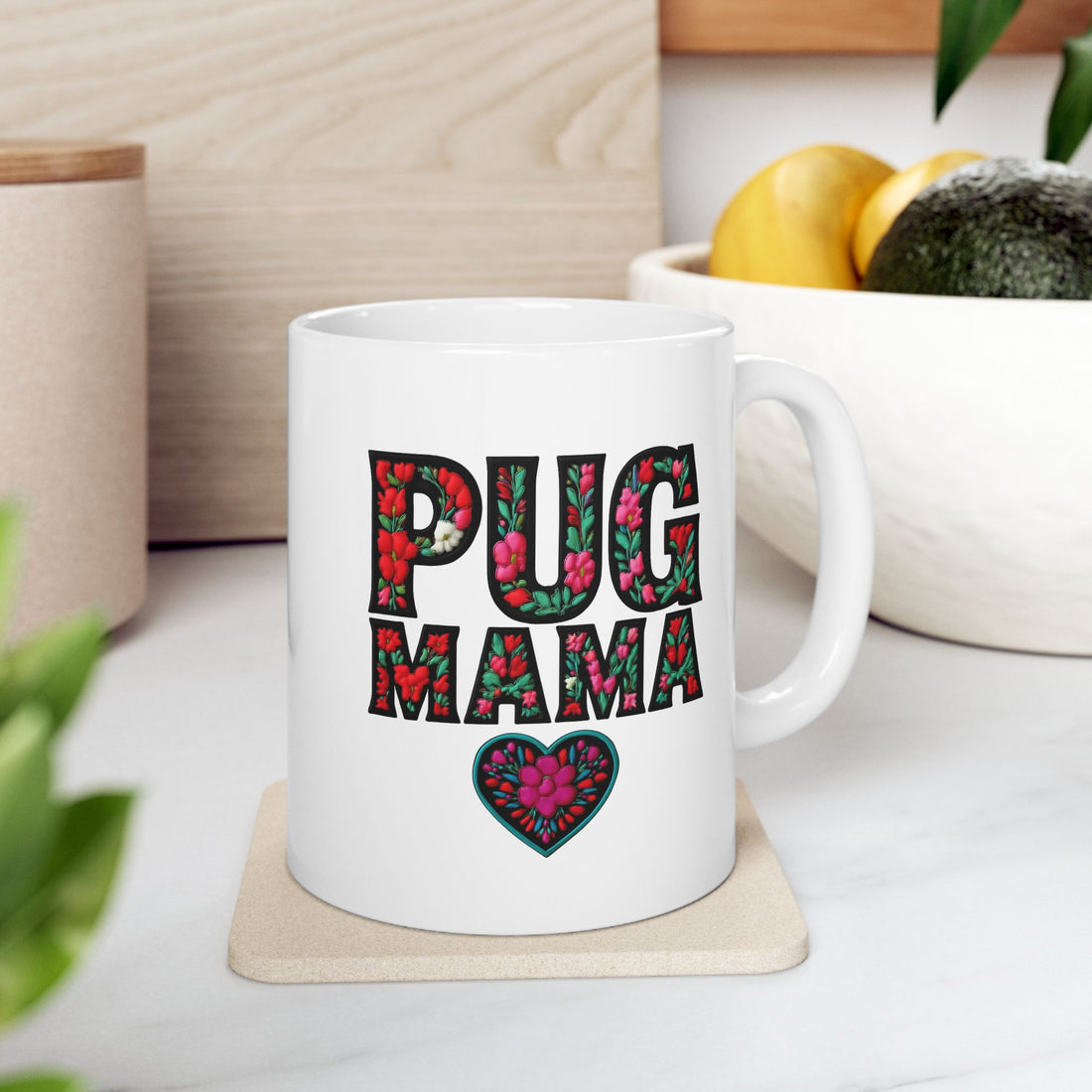 Pug MAMA Floral Design Ceramic Mug